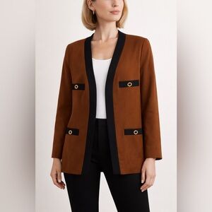 Fitting Image Petites Brown & Black Trim Blazer | Open Front